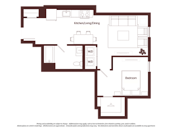 A floor plan of a house with a kitchen, two living areas, and a bedroom.