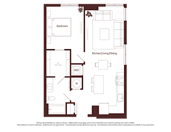 A floor plan of a house with a bedroom, kitchen, and a workspace.