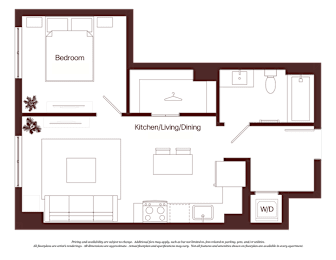 A floor plan of a house with a bedroom, kitchen, and a workspace.