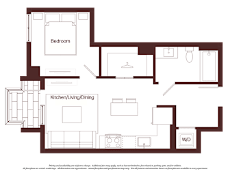 A floor plan of a house with a bedroom, kitchen/living/dining area, and a W.D.