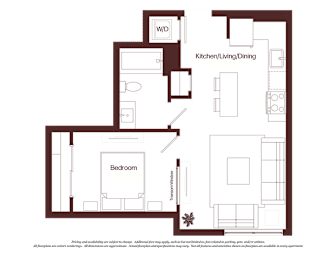 A floor plan of a house with a kitchen, living room, dining room, and bedroom.