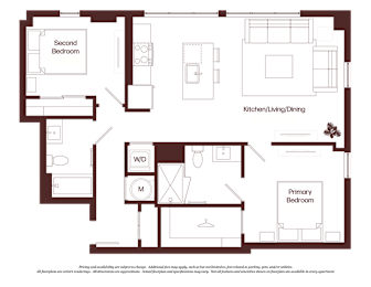 A floor plan of a house with a kitchen, living room, dining room, and two bedrooms.