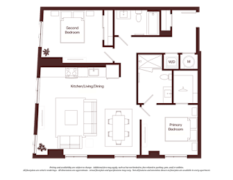 A floor plan of a house with a kitchen, living room, dining room, and two bedrooms.