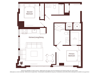 A floor plan of a house with a kitchen, dining area, and two bedrooms.