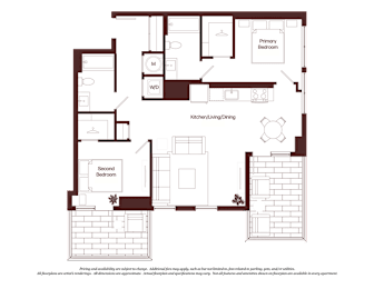 A floor plan of a house with a kitchen, living room, dining room, and two bedrooms.