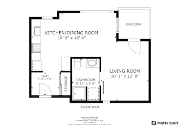 A floor plan of a living space with a kitchen, dining room, and bathroom.