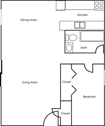 A floor plan of a house with a kitchen, dining area, living area, two closets, and a bath.