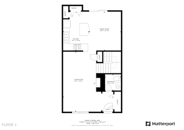 A floor plan of a house with a kitchen, living room, and two bedrooms.