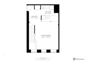 A floor plan of a kitchen, hallway, and living/dining area at Tallmadge Lofts in Denver, CO 80211
