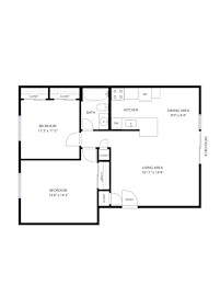 A floor plan of a house with a living area, dining area, kitchen, two bedrooms, a bathroom, and an entry.