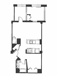 A black and white drawing of a house with a kitchen, living room, and bathroom.