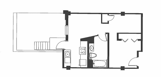 A black and white floor plan of a house with a kitchen, living room, and bathroom.