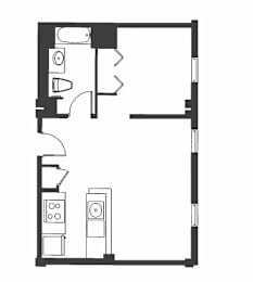 A floor plan of a house with a kitchen, living room, and two bathrooms.
