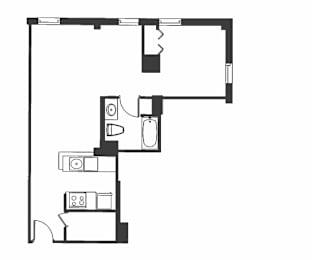 A floor plan of a small apartment with a kitchen, living room, and bathroom.