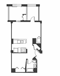 A black and white drawing of a house with a kitchen, living room, and bedrooms.