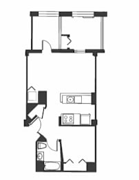 A floor plan of a house with a kitchen, living room, and two bedrooms.