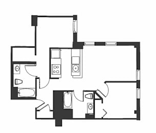 A black and white drawing of a house layout with a kitchen, living room, and two bedrooms.