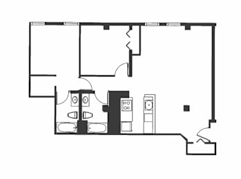 A black and white drawing of a house layout with a kitchen, living room, and two bathrooms.