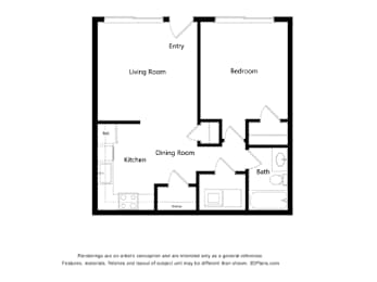 A black and white drawing of a house layout with a living room, dining room, kitchen, and bedroom.