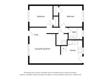 A floor plan of a house with two bedrooms, a living/dining room, a kitchen, and a bathroom.