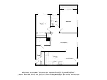 A black and white drawing of a house layout with a living room, dining room, kitchen, and three bedrooms.