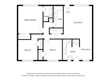 A black and white drawing of a house layout with a living room, dining room, kitchen, and three bedrooms.