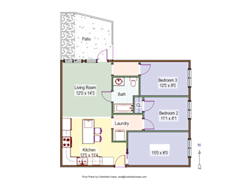 Floor Plan  A floor plan of a house with a living room, kitchen, laundry room, and two bedrooms.