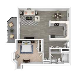Floor Plan  A top-down view of a small apartment with two bedrooms, a living room, and a kitchen.