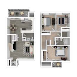 Floor Plan  Two images of apartment layouts with furniture.