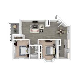 Floor Plan  A 3D floor plan of a small apartment with two bedrooms and a living area.
