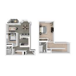Floor Plan  A diagram of a small apartment with two rooms and a kitchen.
