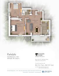 A floor plan for a one bedroom apartment with a den is shown.