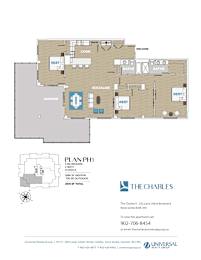A floor plan for an apartment complex with three bedrooms, two bathrooms, and a total area of 1,085 square feet.