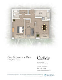 A floor plan for a one bedroom apartment with den, measuring 671 square feet, is displayed.