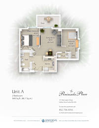 A floor plan for a unit at Peninsula Place shows a living room, two bedrooms, a kitchen, and a bathroom.