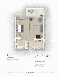 A floor plan for Unit B at Peninsula Place shows a living room, kitchen, and two bedrooms.