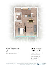 A floor plan for a one bedroom apartment at Ridgeway Towers.