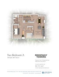 A floor plan for a two bedroom apartment sits atop contact information for the building.