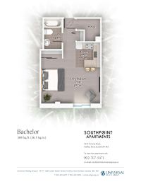 A floor plan for a Bachelor apartment at Southpoint Apartments.