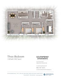 A floor plan for a three bedroom apartment is shown.