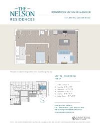 A floor plan for a 1 bedroom apartment at The Nelson Residences.