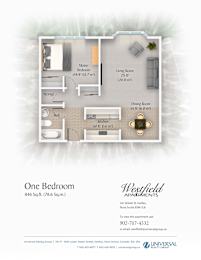 A floor plan for a one bedroom apartment at Westfield Apartments.