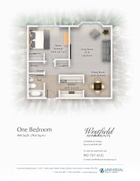 A floor plan for a one bedroom apartment at Westfield Apartments.