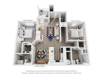 A 3D floor plan of a house with a kitchen, living room, and bathrooms.