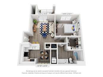 A 3D floor plan of a house with a living room, kitchen, dining room, and bathroom.