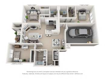 A 3D floor plan of a house with a garage and a car.