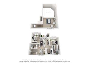 A floor plan of a two-bedroom apartment with a kitchen and living room.