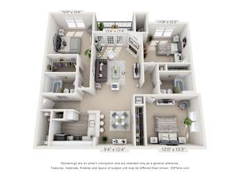 A 3D floor plan of a small apartment with a kitchen, living room, and two bedrooms.