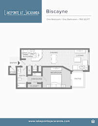 A floor plan of a one bedroom apartment with one bathroom at Lake Pointe at Jacaranda.