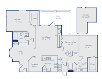 A floor plan of a house with a garage, living room, kitchen, and multiple bedrooms.